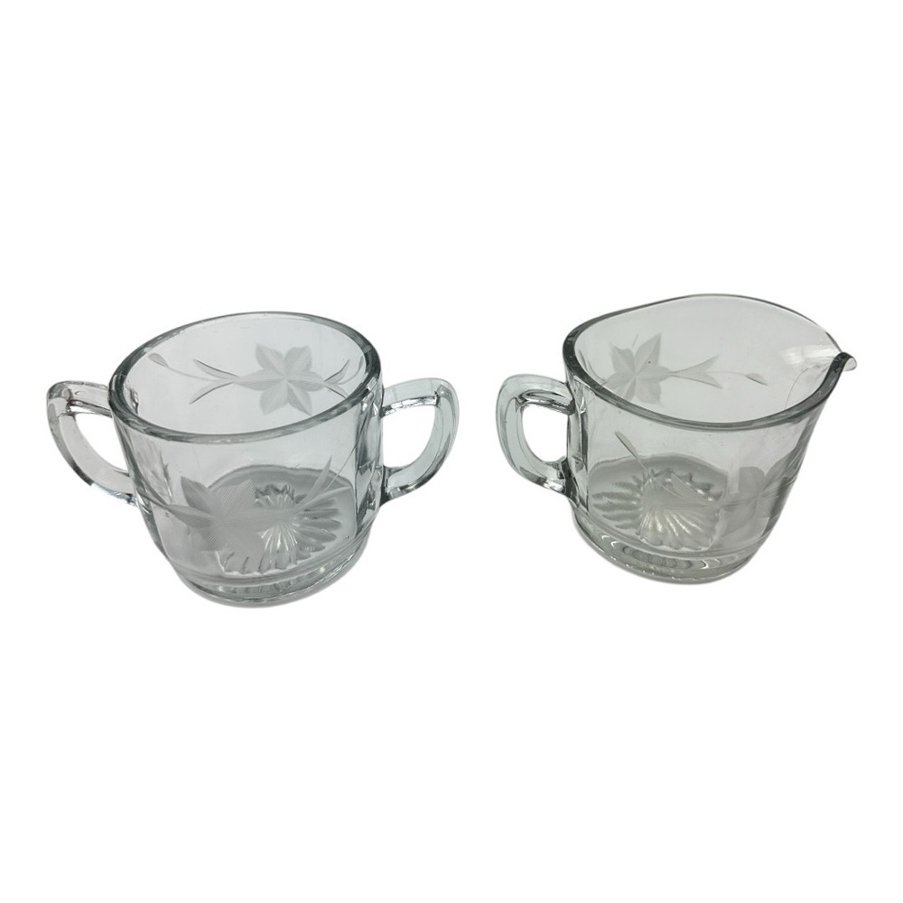 C Vintage Etched Glass Sugar Bowl And Creamer